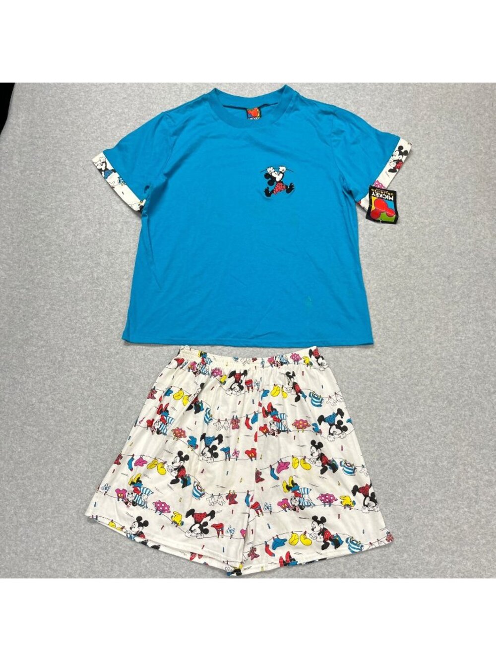 Vintage Disney Mickey Mouse Womens Pajama Set M Blue Shirt Shorts Deadstock NWT